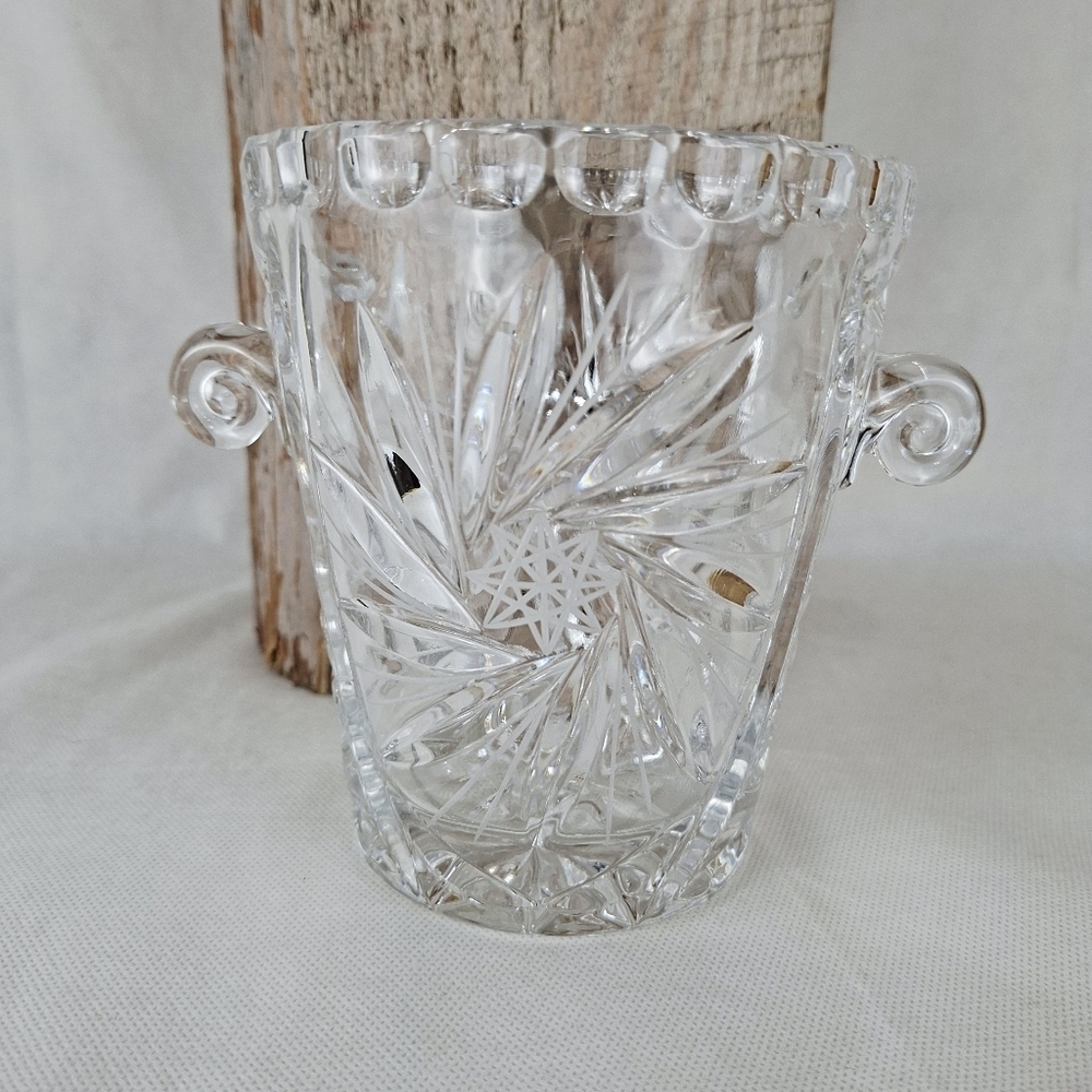 Vintage Czech Heavy Cut Crystal Ice Bucket Vase With Handles Pinwheel design